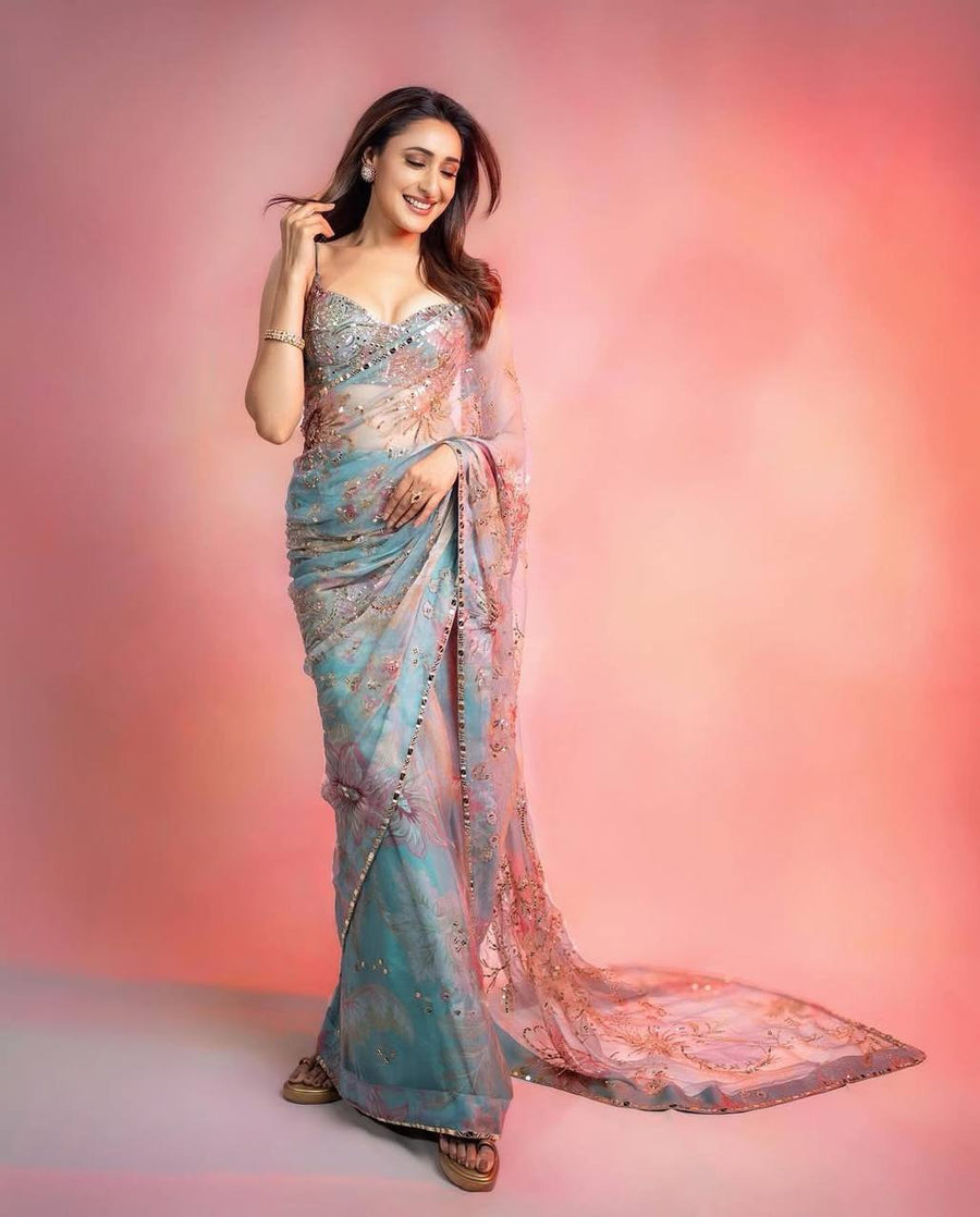 Bollywood Party & Wedding Wear Pastel Blue & Pink Organza Saree with Mirror, Zari & Sequin Work