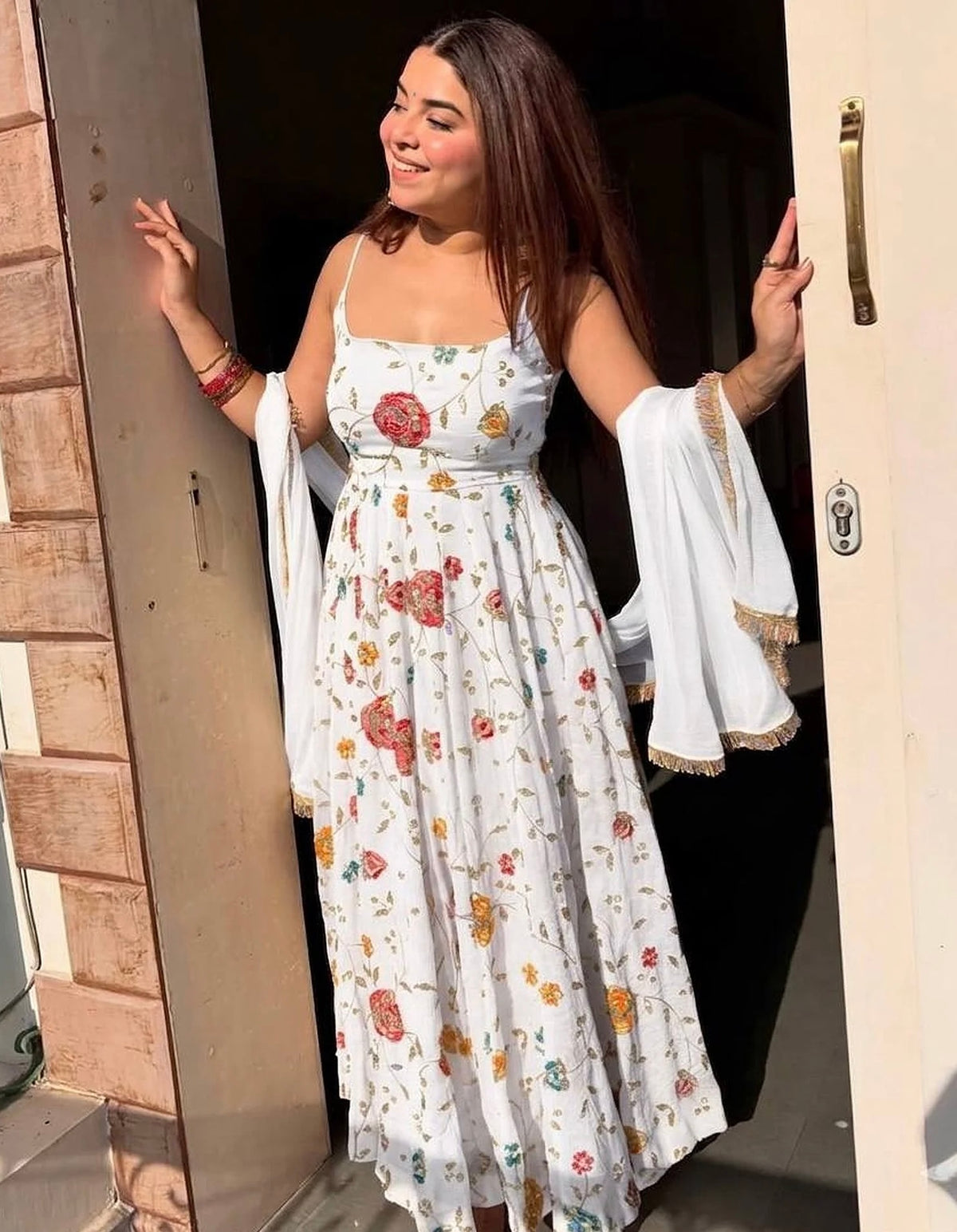 Luxury Vichitra Silk Floral Anarkali Dress with Dupatta