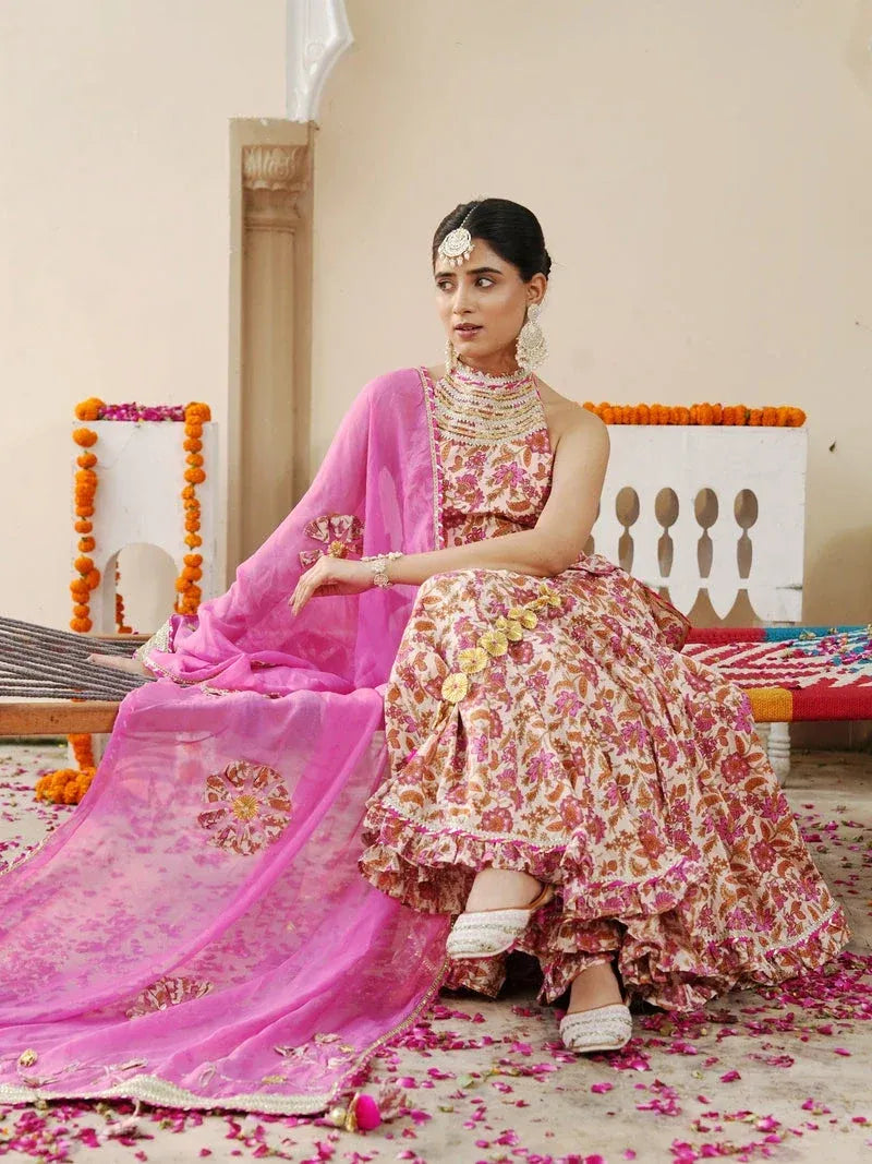 Pink Floral Pure Cotton Sharara Suit Set with Organza Dupatta for Women | Designer Mehendi & Festive Wear