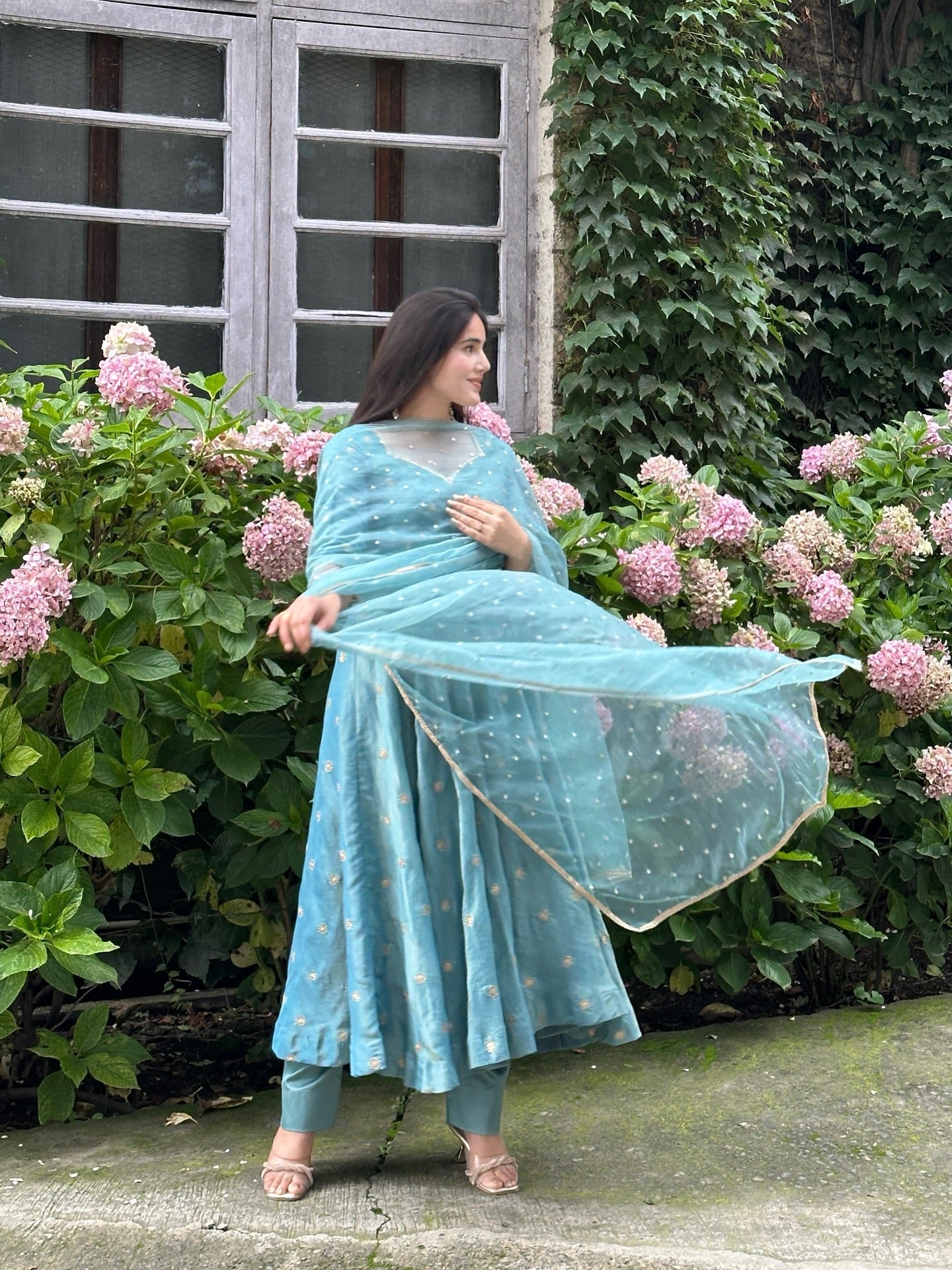 Parthi Sky Blue Anarkali Suit with Net Dupatta
