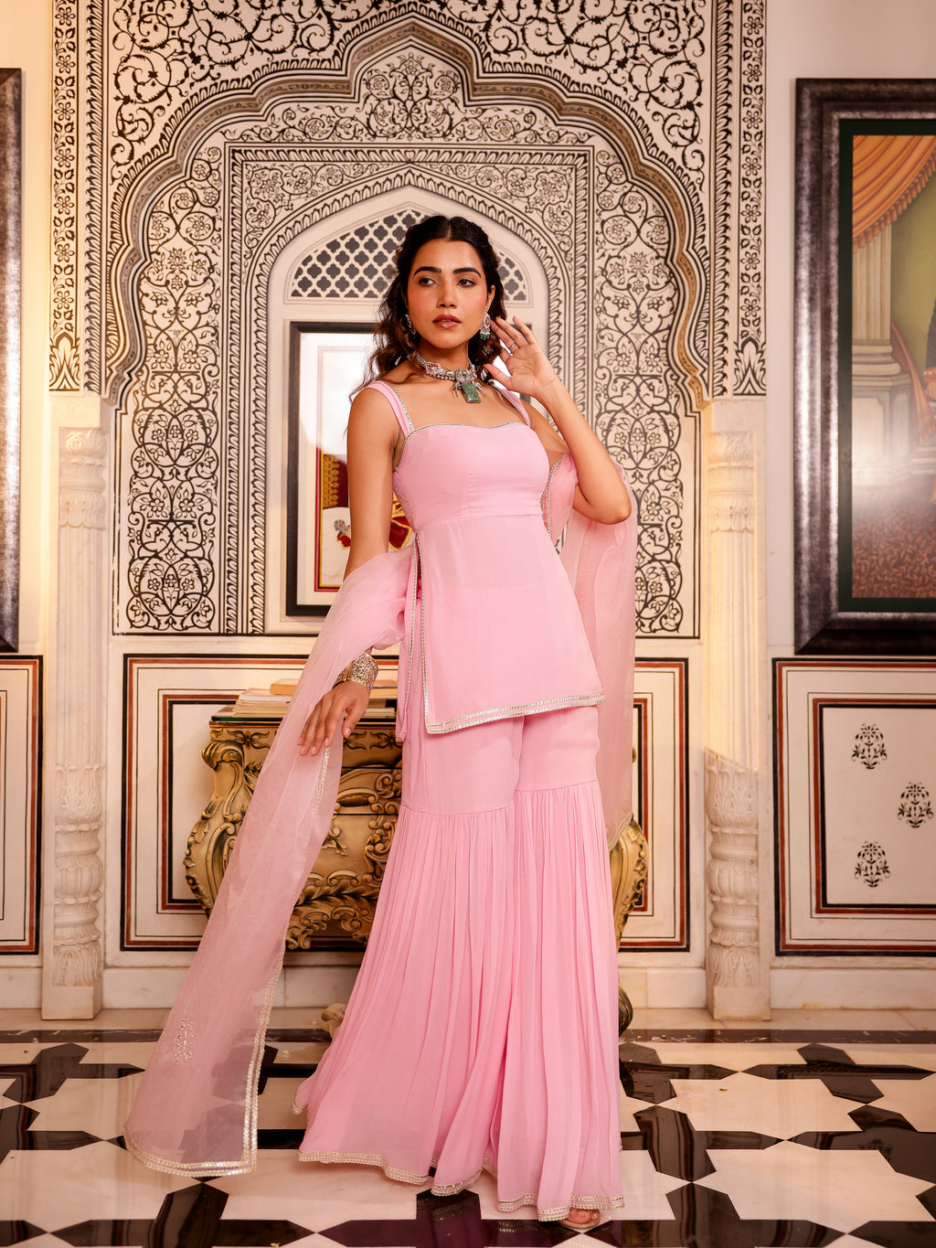 Designer Baby Pink Georgette Sharara Set with Dupatta for Women