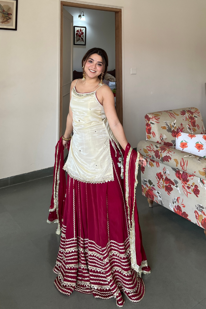 Designer Ivory & Wine Vichitra Silk Top Bottom Dupatta Set | Wedding Wear & Party Wear