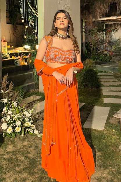 Orange Pre Draped Corset Ready To Wear Lehenga Saree For Women For Weddings | Ready To Wear Saree For Women