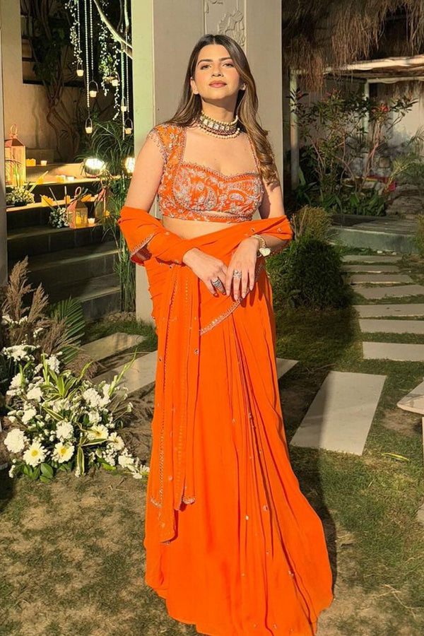 Orange Pre Draped Corset Ready To Wear Lehenga Saree For Women For Weddings | Ready To Wear Saree For Women