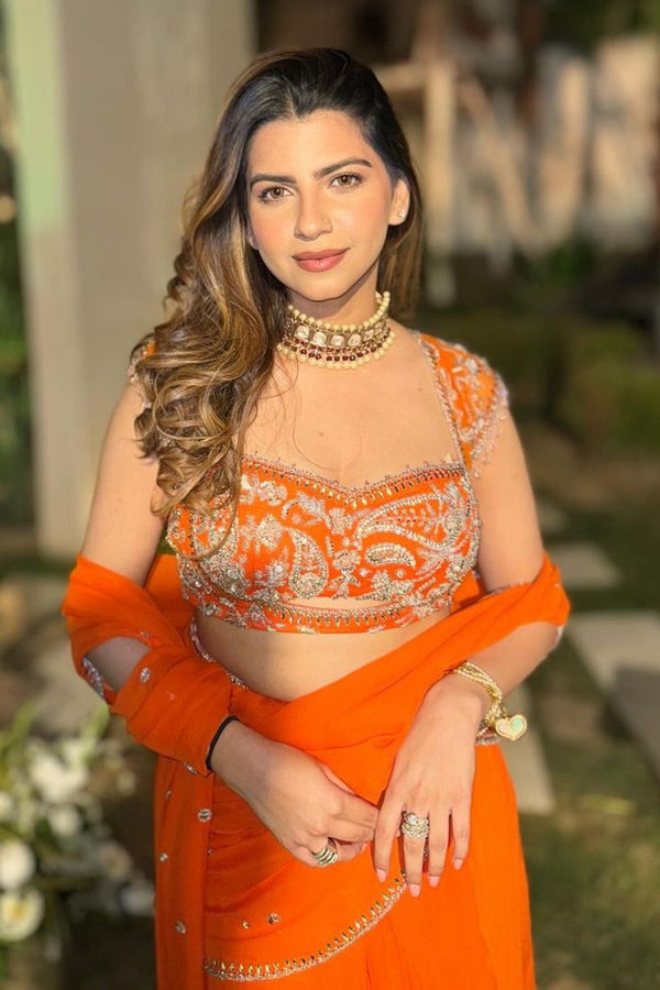 Orange Pre Draped Corset Ready To Wear Lehenga Saree For Women For Weddings | Ready To Wear Saree For Women