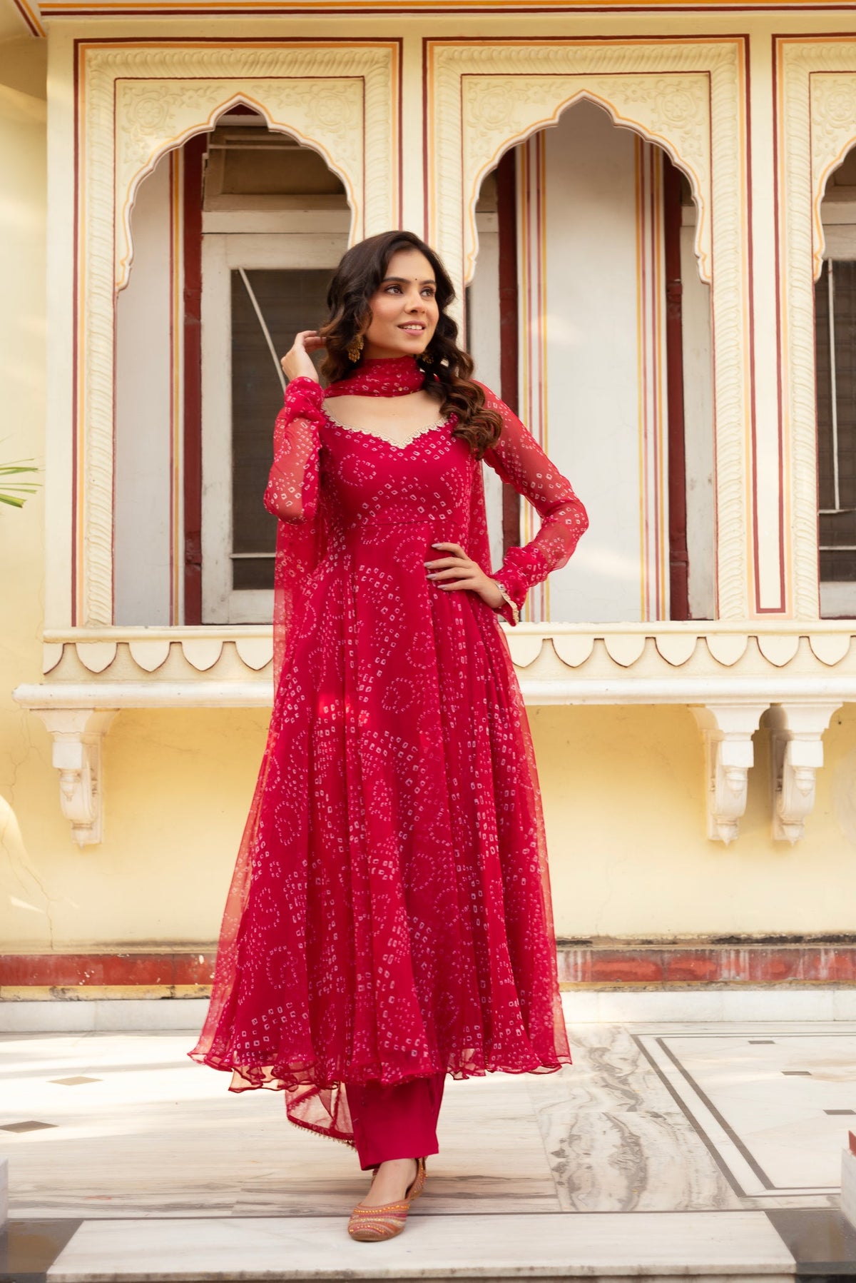 Festive Wear Red Georgette Anarkali Suit Set for Women | Printed Flared Kurta with Lace Border & Dupatta