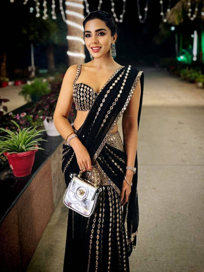 Wedding Wear Black Ready To Wear Mirror Work Saree in Faux Georgette | Ready To Wear Saree For Wedding