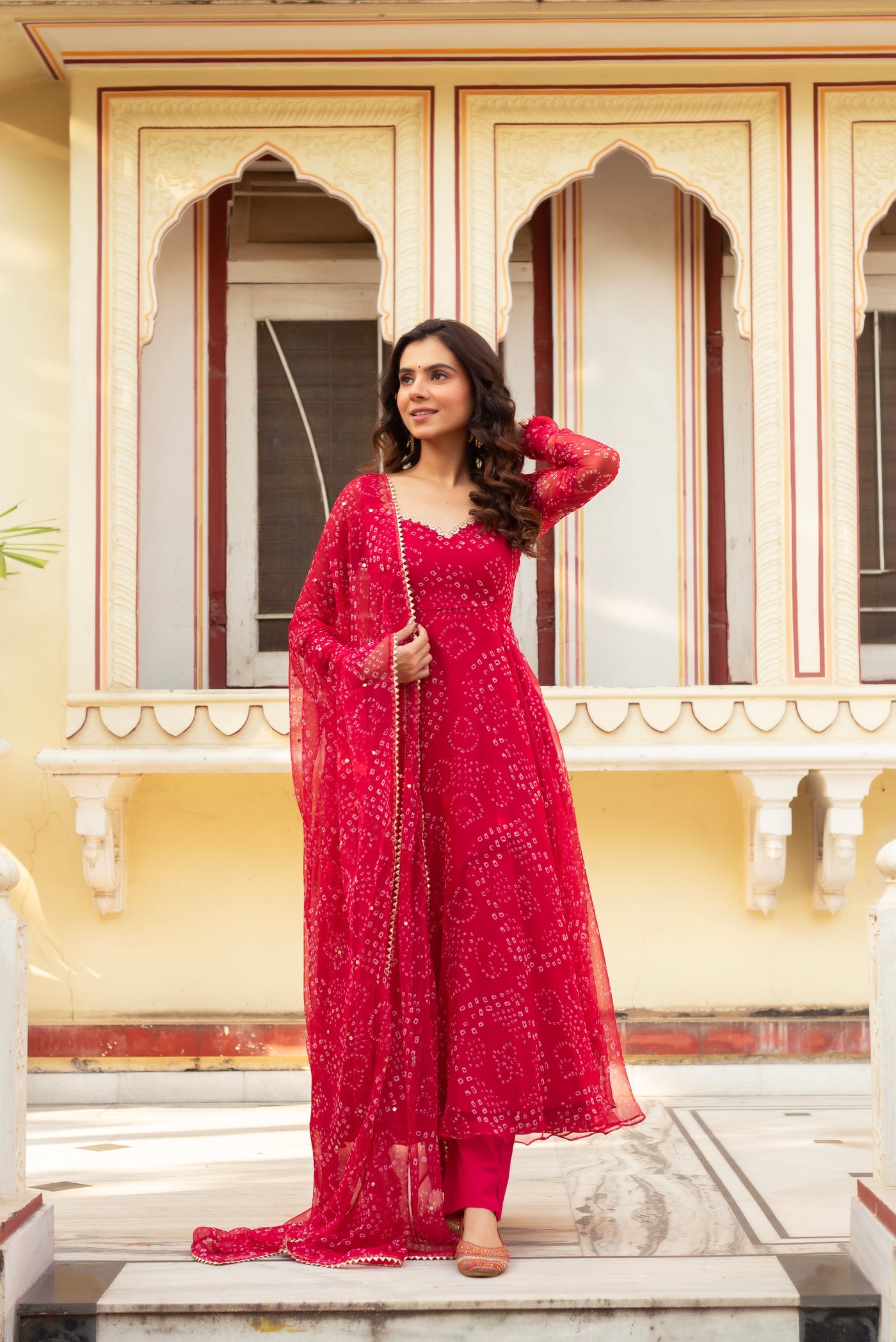 Festive Wear Red Georgette Anarkali Suit Set for Women | Printed Flared Kurta with Lace Border & Dupatta