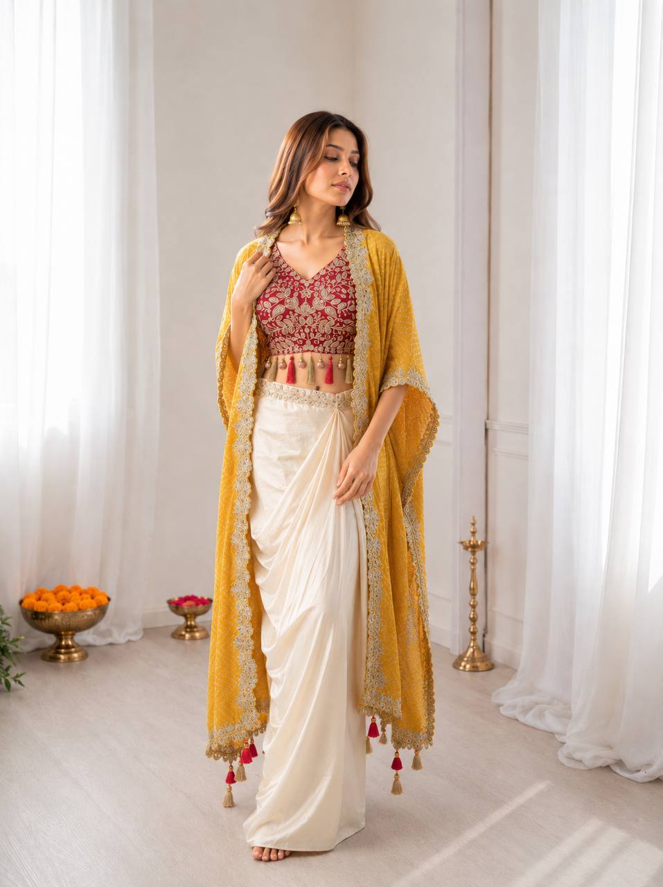Women’s Cream Dhoti Set with Banglory Silk Embroidered Blouse & Pink Chinon Shrug | Indo Western Party Wear