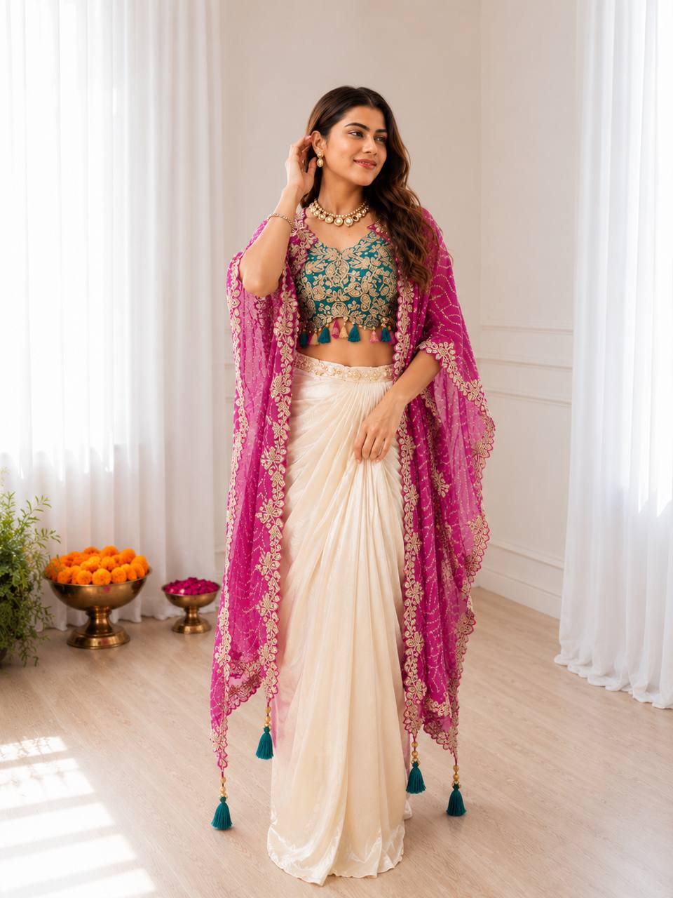 Women’s Cream Dhoti Set with Banglory Silk Embroidered Blouse & Pink Chinon Shrug | Indo Western Party Wear