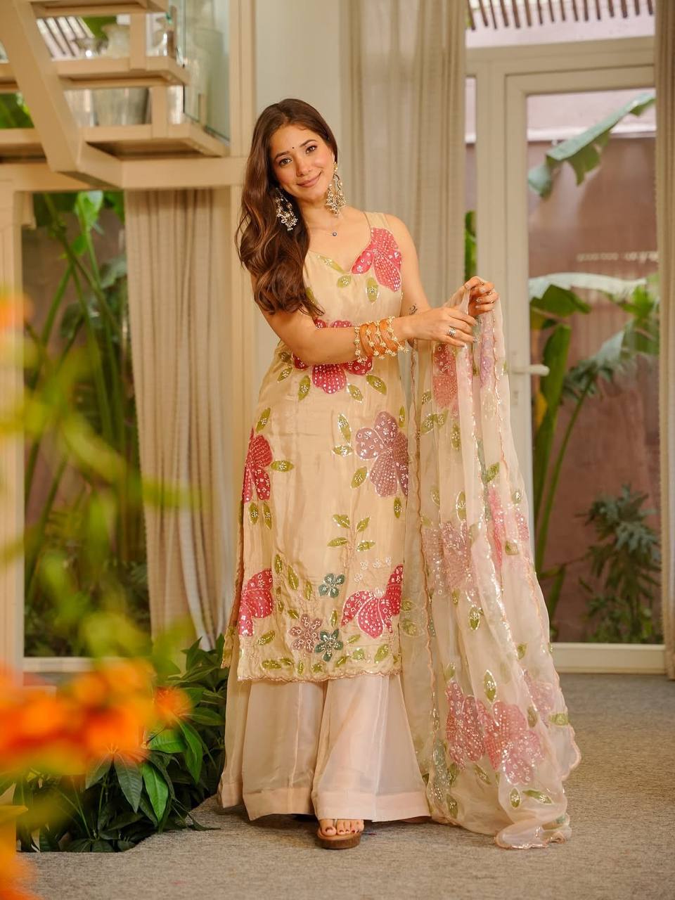 Wedding & Festive Wear Sequin Embroidered Floral Organza Silk Kurta Palazzo Set for Women