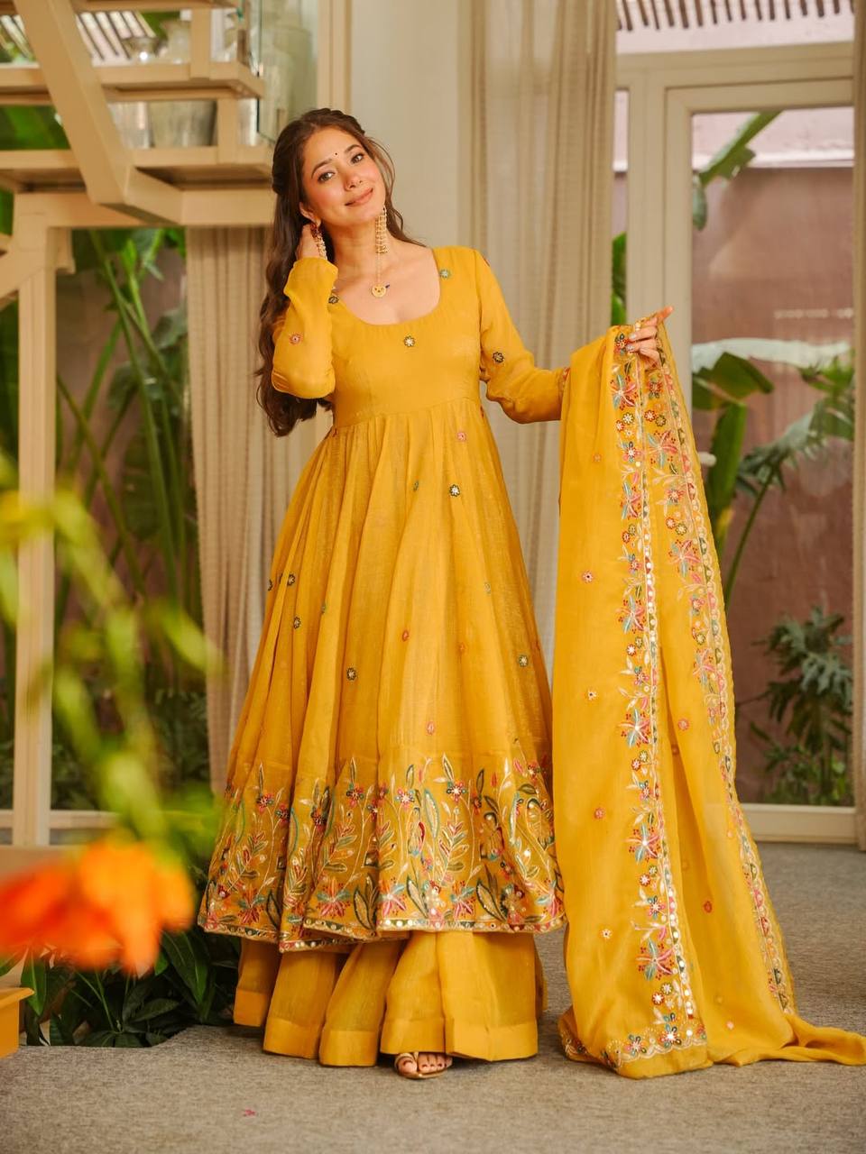 Designer Mustard Yellow Natural Crepe Anarkali Suit Set with Dupatta