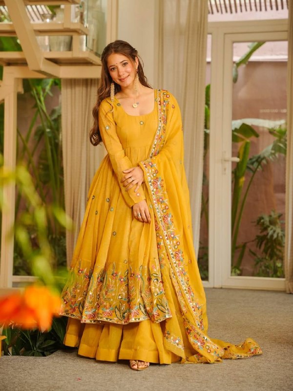 Designer Mustard Yellow Natural Crepe Anarkali Suit Set with Dupatta