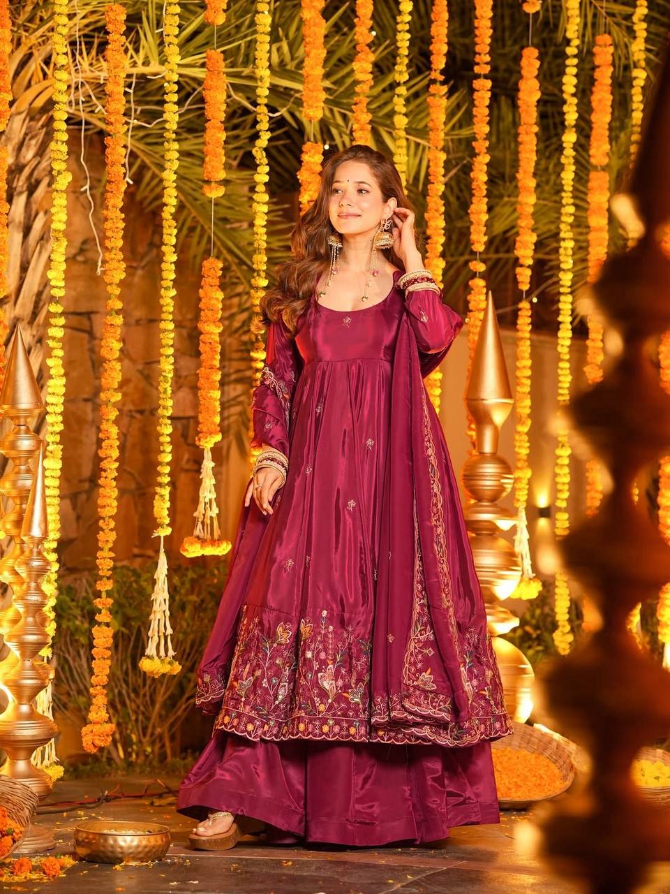 Wedding Wear Wine Crepe Silk Anarkali Sharara Suit for Women