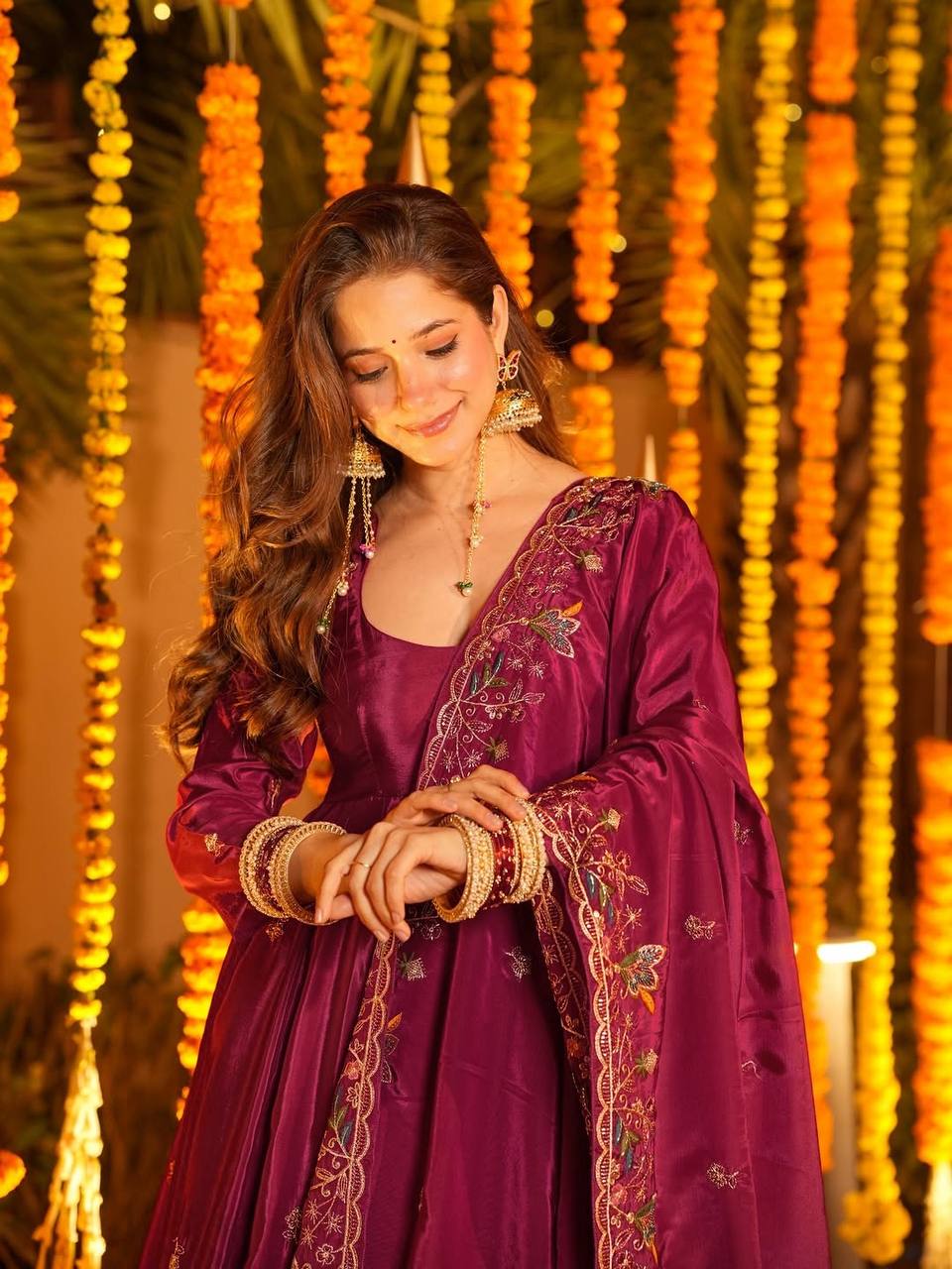 Wedding Wear Wine Crepe Silk Anarkali Sharara Suit for Women