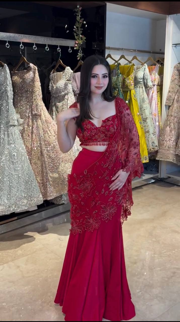 Red Natural Crepe Fish Cut Lehenga Saree with Thread & Sequin Embroidery | 90s Style Ready-to-Wear Party Wear Saree for Women Party & Wedding Saree
