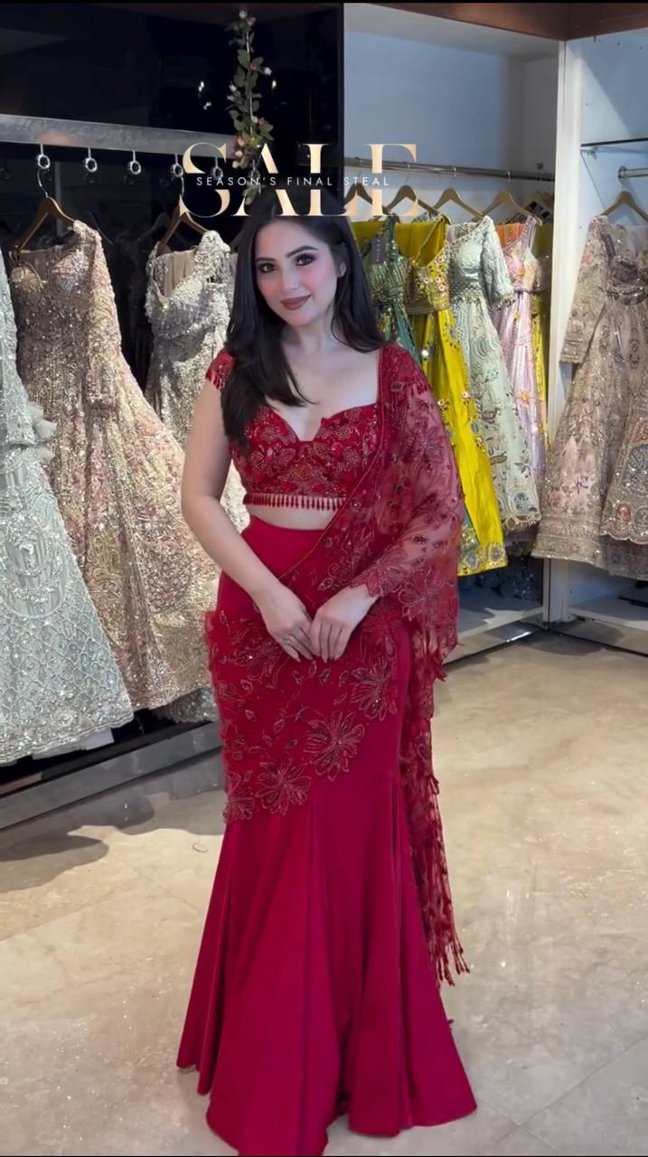 Red Natural Crepe Fish Cut Lehenga Saree with Thread & Sequin Embroidery | 90s Style Ready-to-Wear Party Wear Saree for Women Party & Wedding Saree