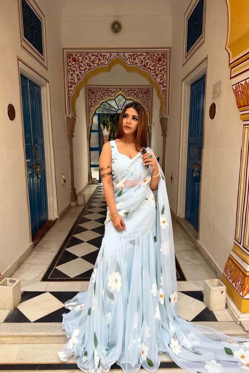 Sky Blue Floral Lehenga Saree | Ready-to-Wear Premium Georgette Digital Print with Lace Border | Modern Fusion Ethnic Wear for Weddings & Parties