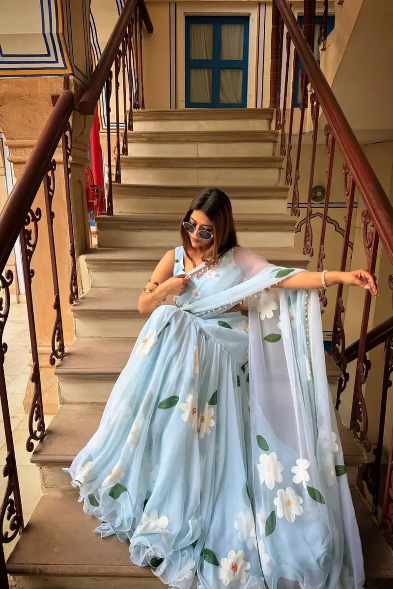 Sky Blue Floral Lehenga Saree | Ready-to-Wear Premium Georgette Digital Print with Lace Border | Modern Fusion Ethnic Wear for Weddings & Parties