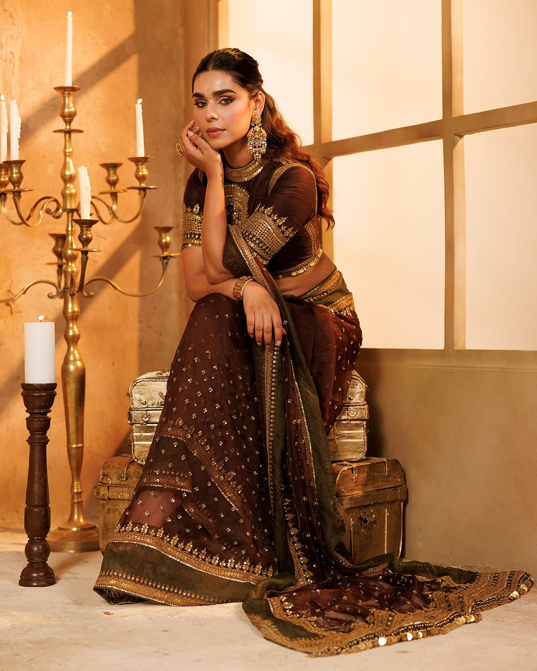 Chocolate Brown Designer Silk Saree with Thread & Sequin Work | Wedding & Festive Wear