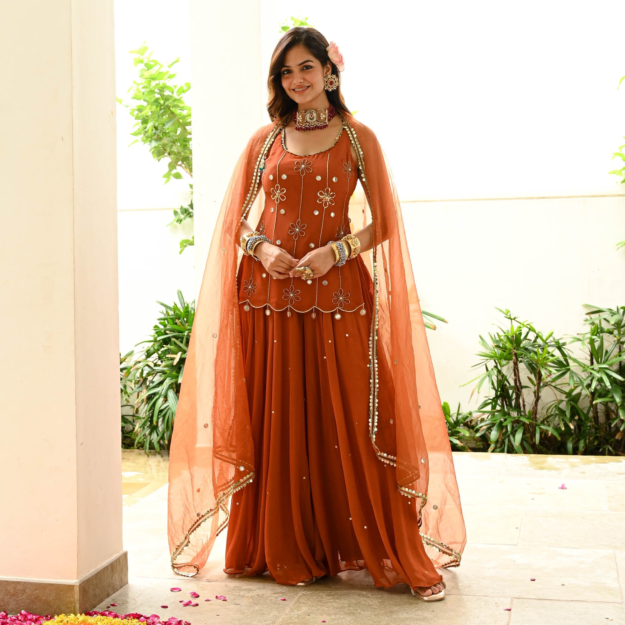 Premium Georgette Sharara Suit Set with Organza Dupatta | Rust Orange Wedding Wear