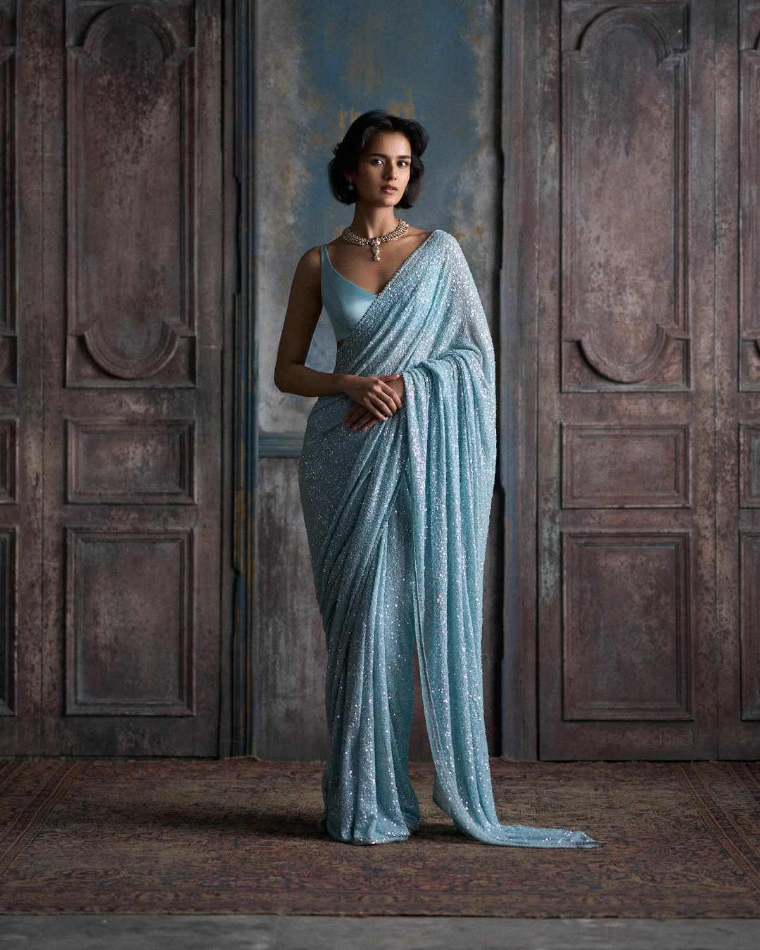 Sky Blue Sequin Saree for Women with Matching Blouse | All-Over Sequin Embellished Bollywood Party Wear