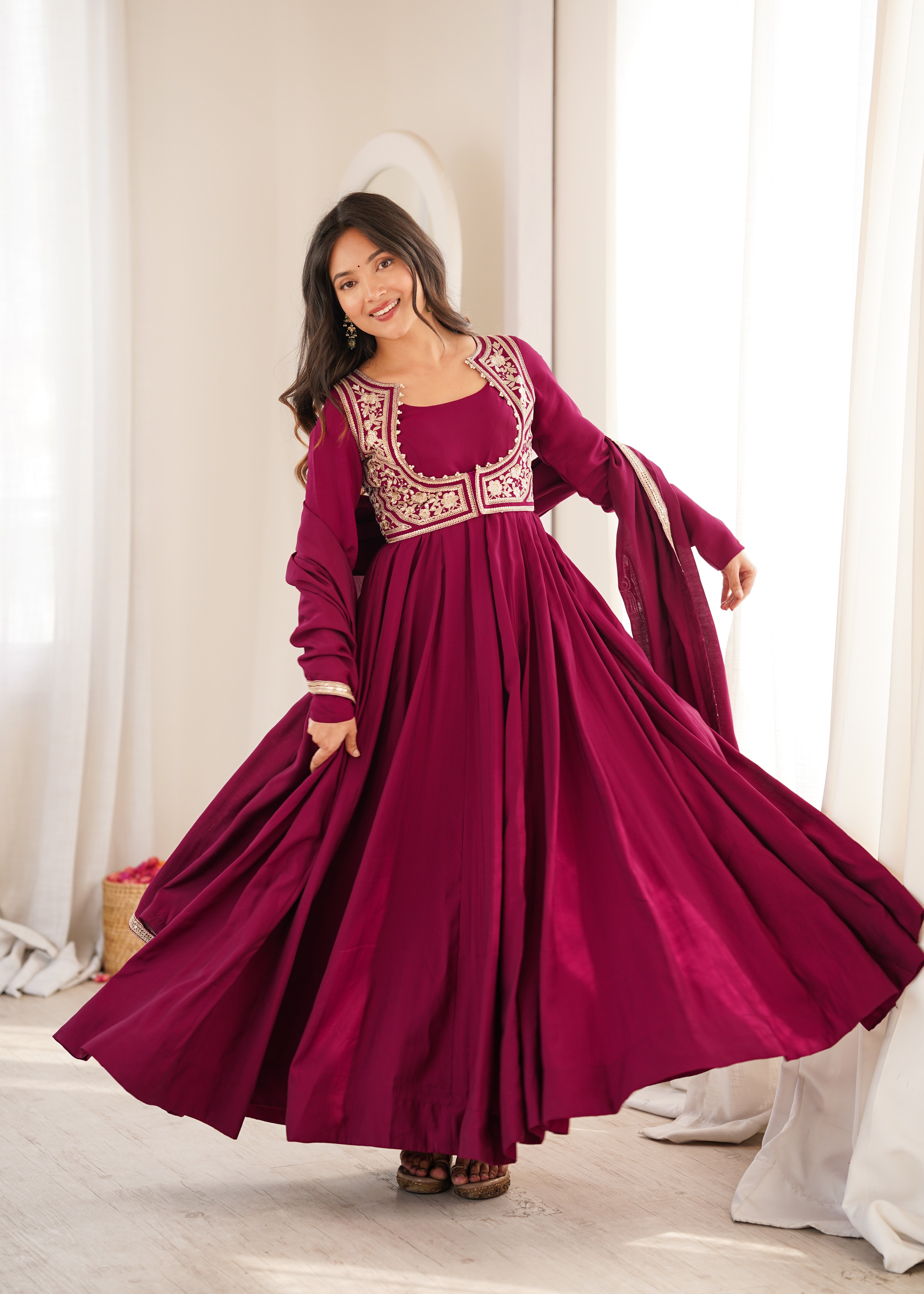 Women's Wine Pure Roman Silk Chanderi Anarkali Suit Set | Designer Embroidered Ethnic Wear