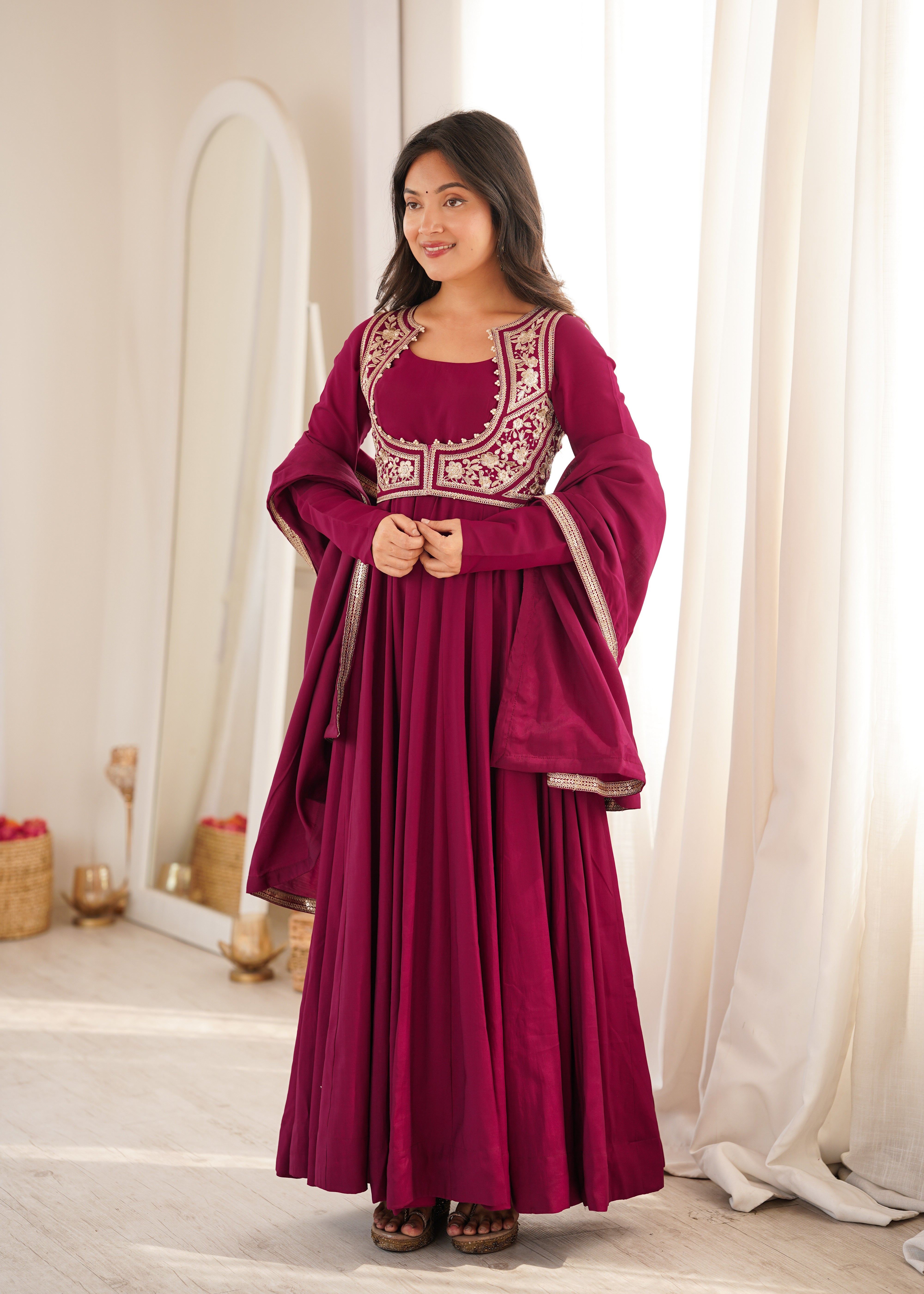 Women's Wine Pure Roman Silk Chanderi Anarkali Suit Set | Designer Embroidered Ethnic Wear