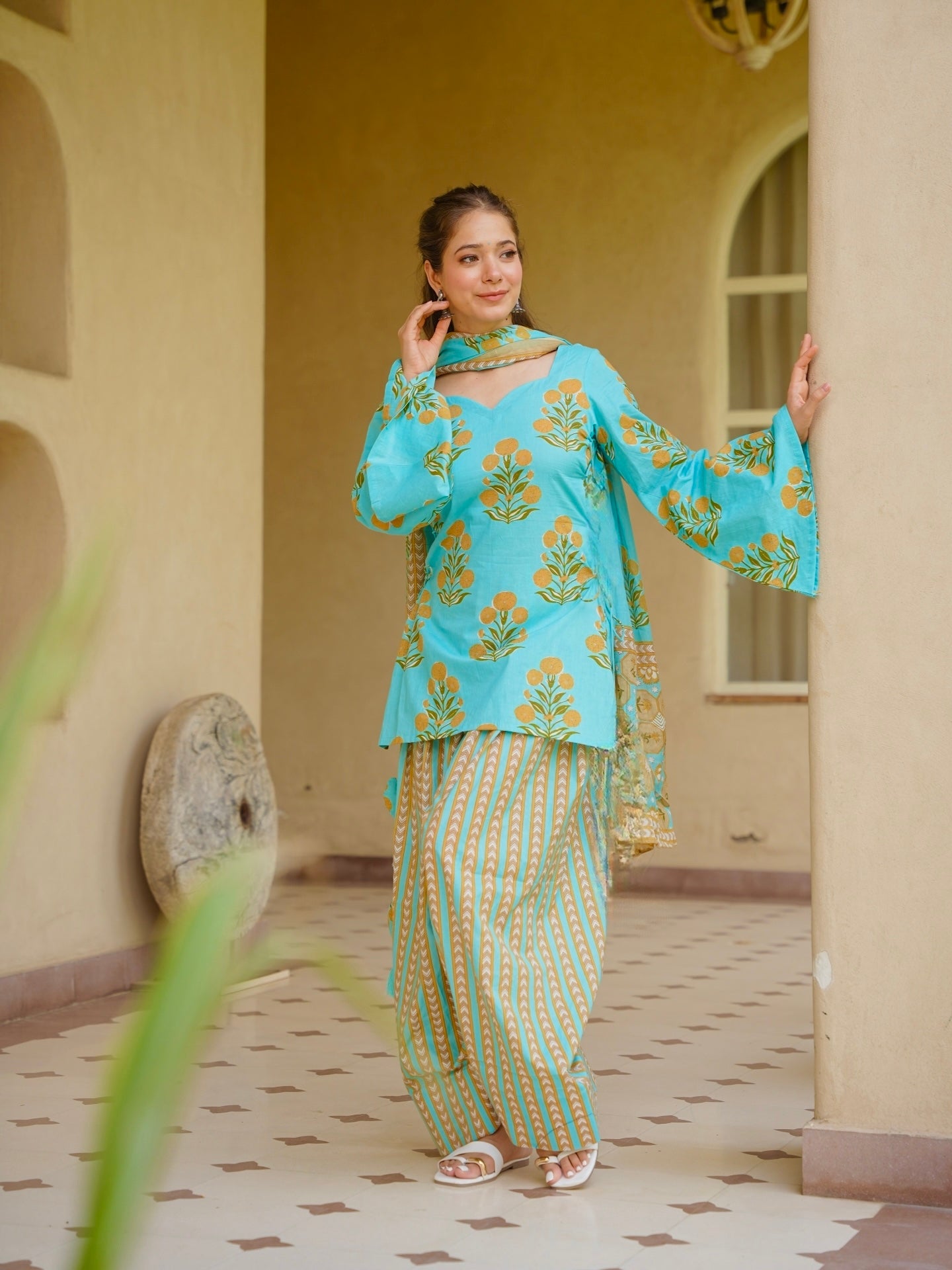 Women's Digital Printed Pure Cambric Cotton Kurta Set with Farshi Pant & Dupatta