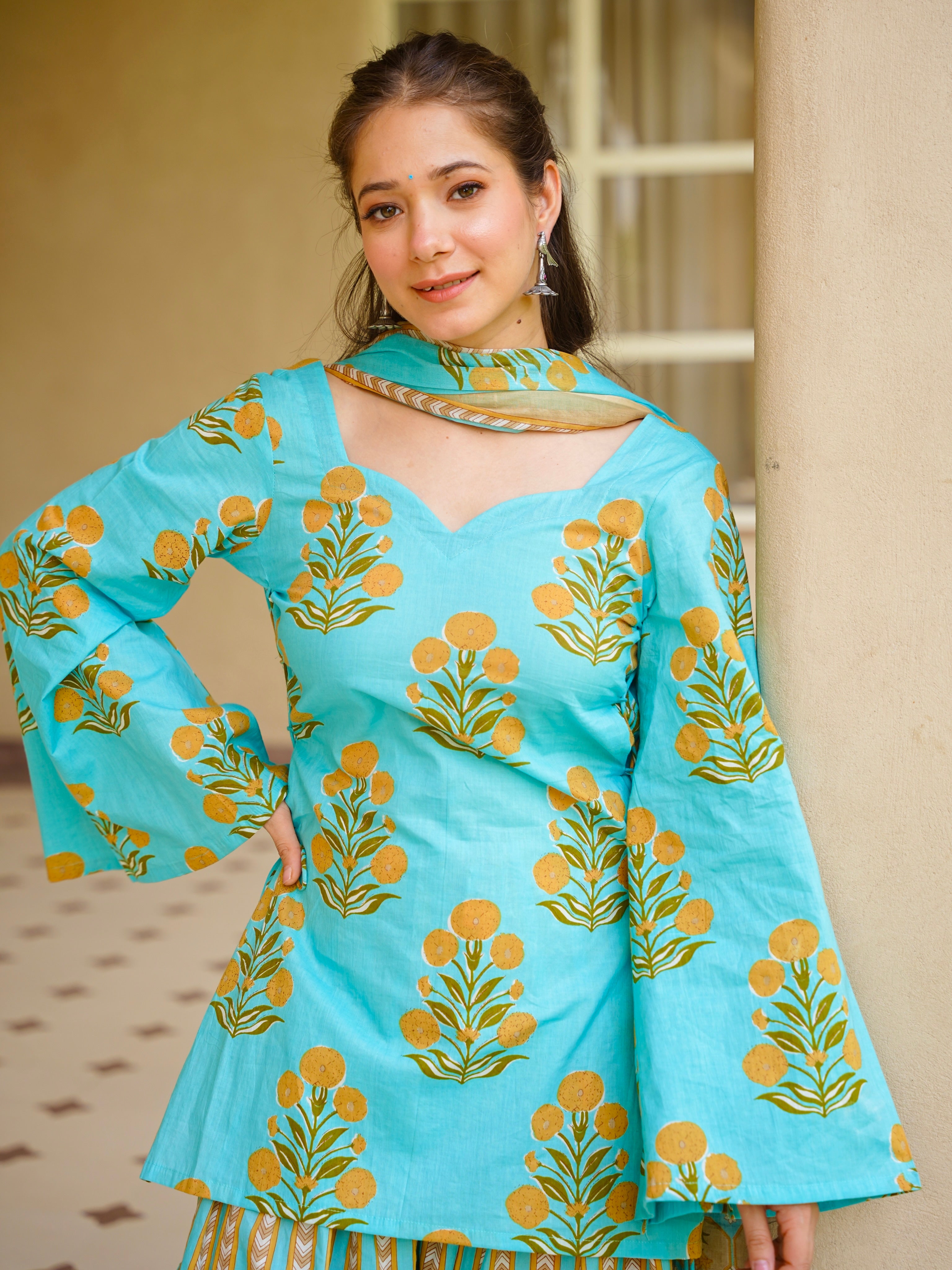 Women's Digital Printed Pure Cambric Cotton Kurta Set with Farshi Pant & Dupatta