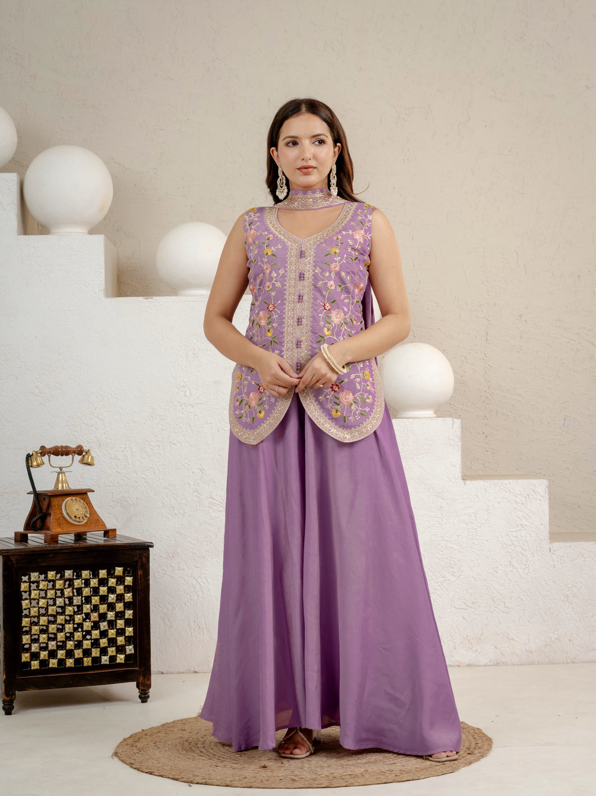 Designer Lavender Roman Silk Sharara Set for Women | Heavy Sequin Embroidery | Wedding & Festive Wear