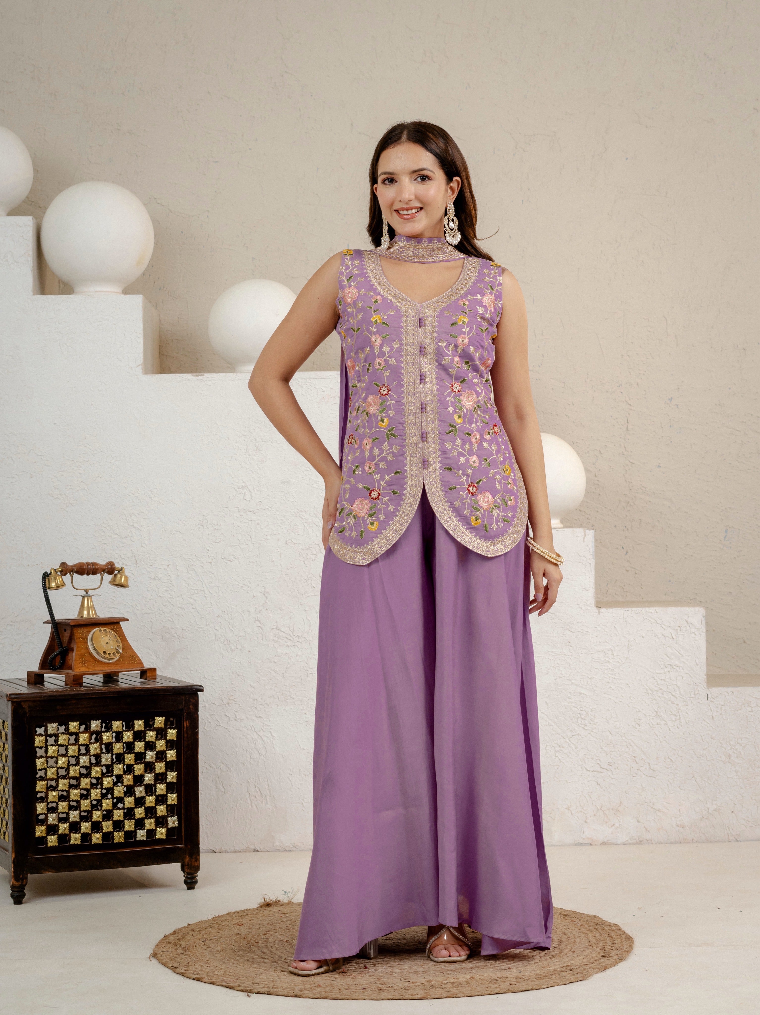 Designer Lavender Roman Silk Sharara Set for Women | Heavy Sequin Embroidery | Wedding & Festive Wear