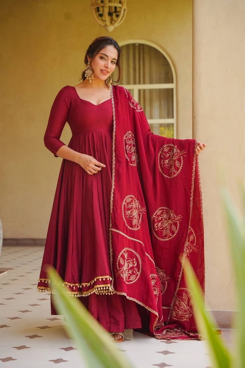 Luxury Maroon Roman Silk Anarkali Suit for Women | Wedding, Party & Festive Wear Palazzo Set
