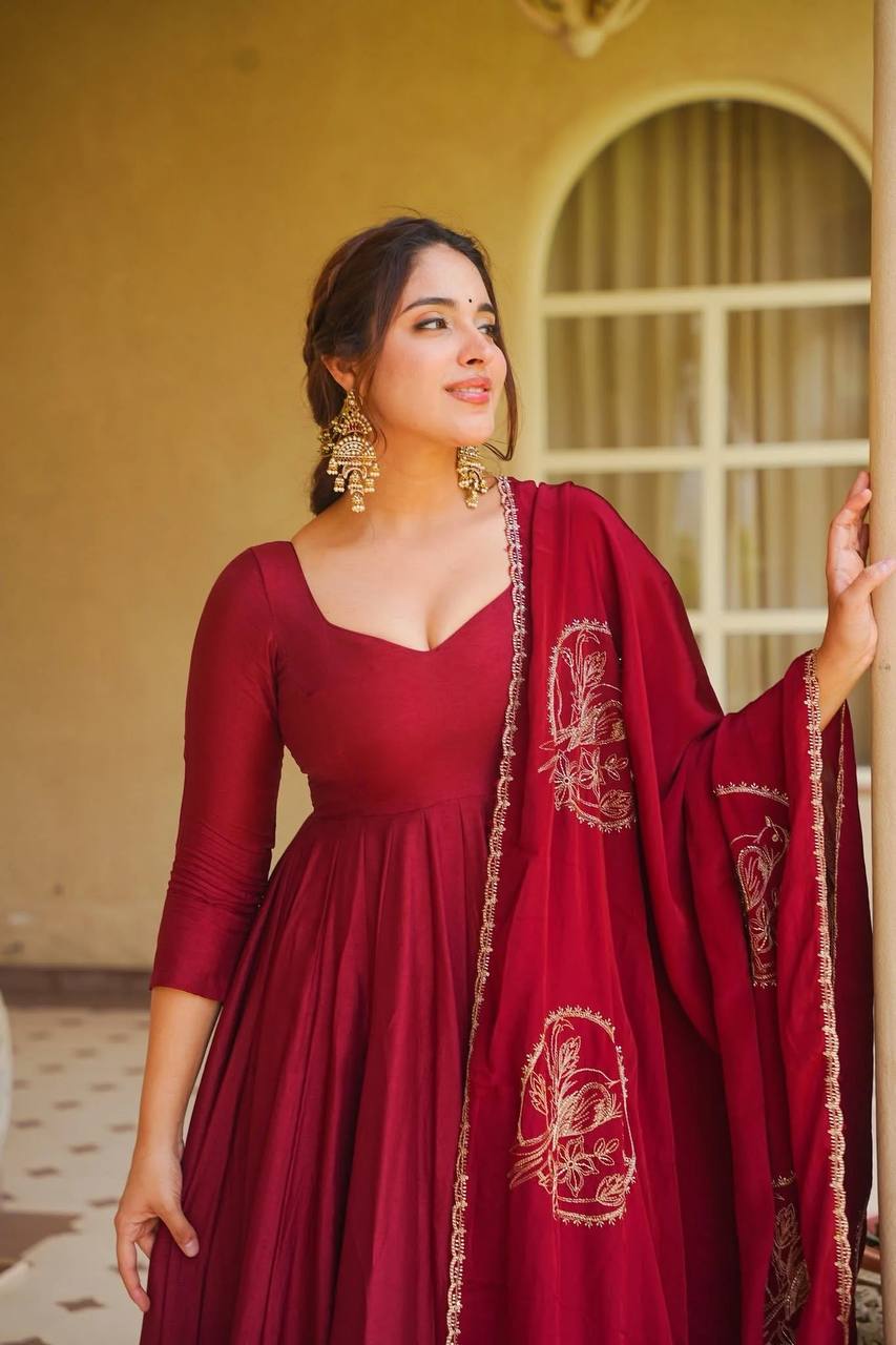 Luxury Maroon Roman Silk Anarkali Suit for Women | Wedding, Party & Festive Wear Palazzo Set