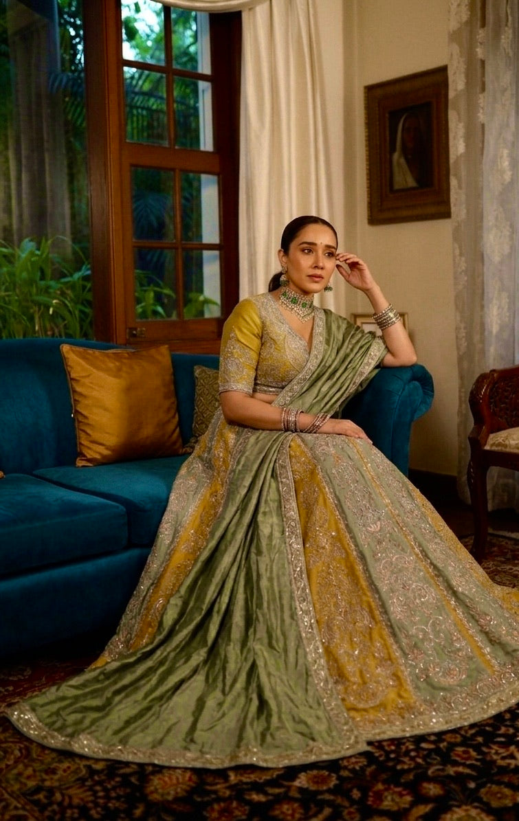 Designer Olive Green & Mustard Roman Satin Silk Lehenga Choli | Heavy Sequin Dori & Thread Work | Wedding Wear