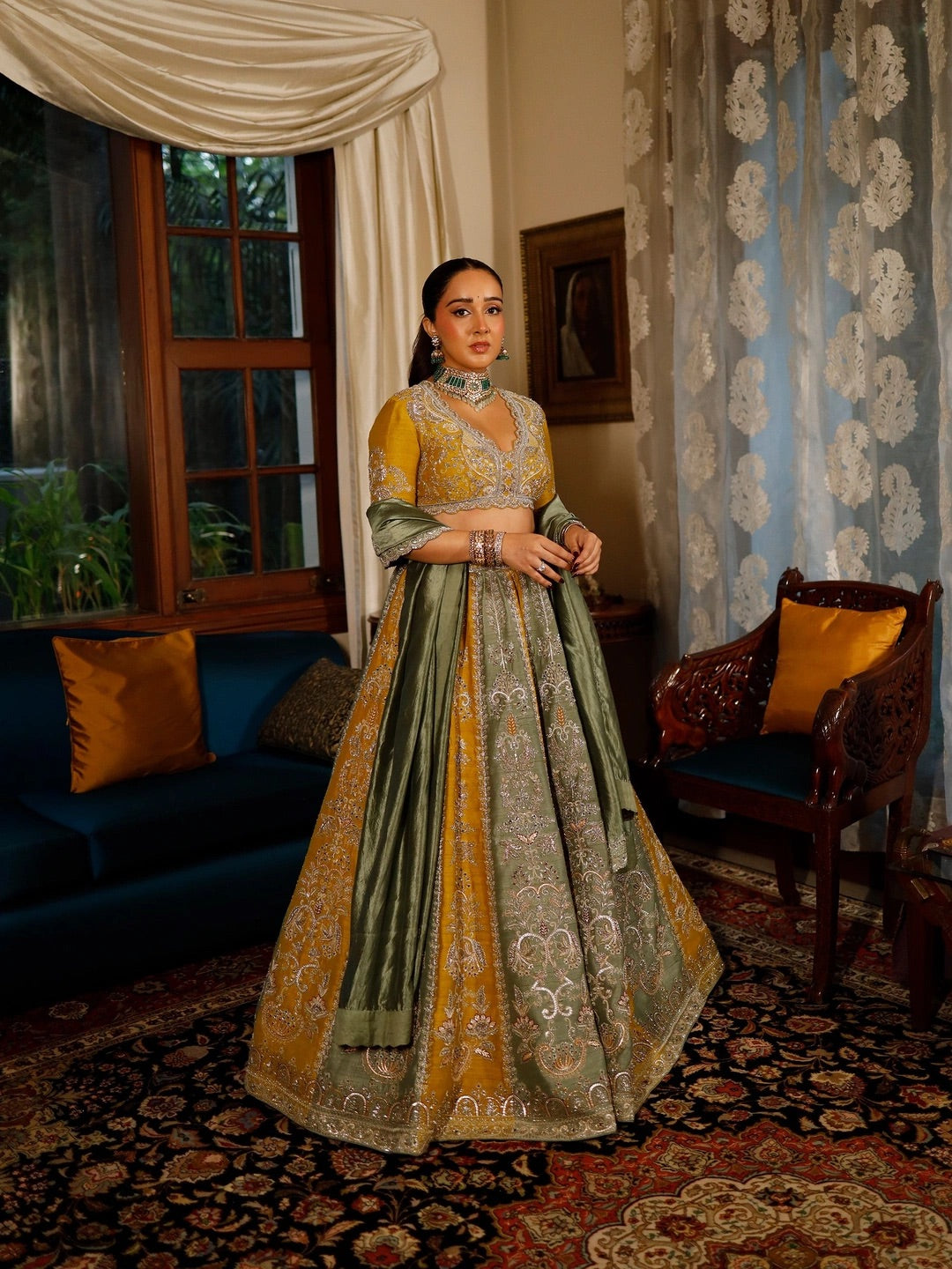Designer Olive Green & Mustard Roman Satin Silk Lehenga Choli | Heavy Sequin Dori & Thread Work | Wedding Wear