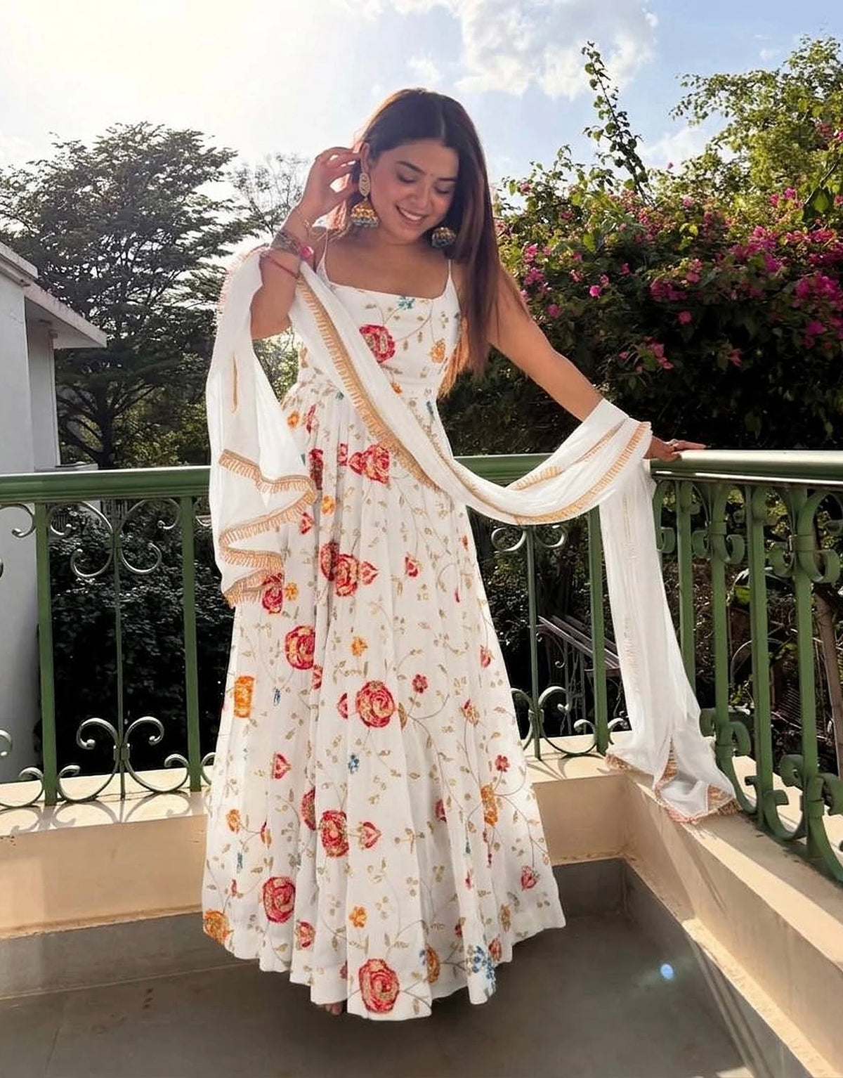 Luxury Vichitra Silk Floral Anarkali Dress with Dupatta