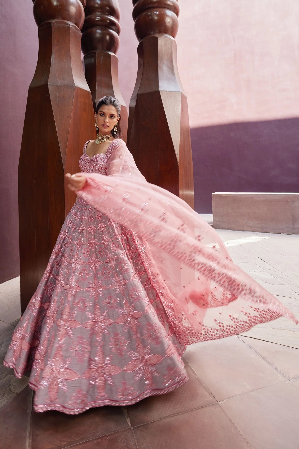 Rose Pink Thai Silk Lehenga Set for Women | Sequin & Thread Embroidered Blouse | Dori Work | Wedding Party Wear