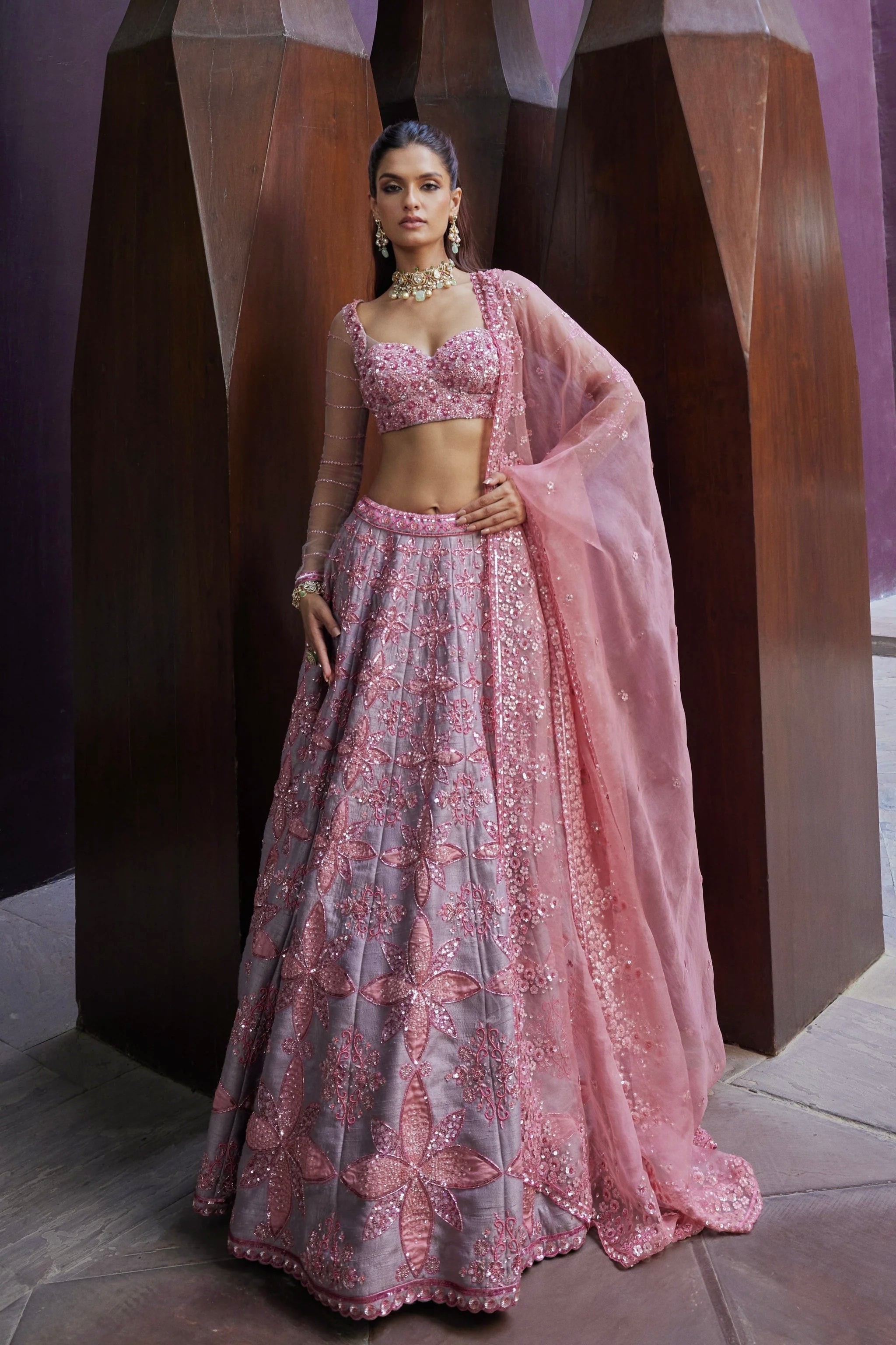 Rose Pink Thai Silk Lehenga Set for Women | Sequin & Thread Embroidered Blouse | Dori Work | Wedding Party Wear