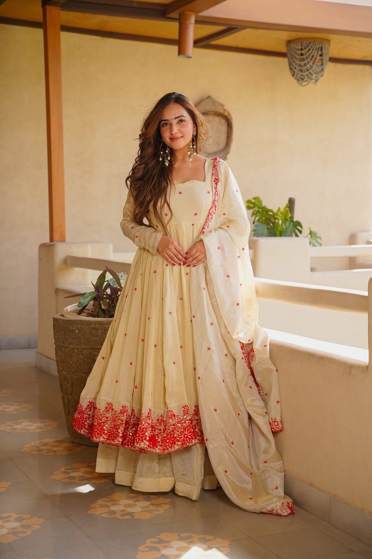 Designer Ivory Heavy Silk Anarkali Sharara Set with Embroidered Dupatta