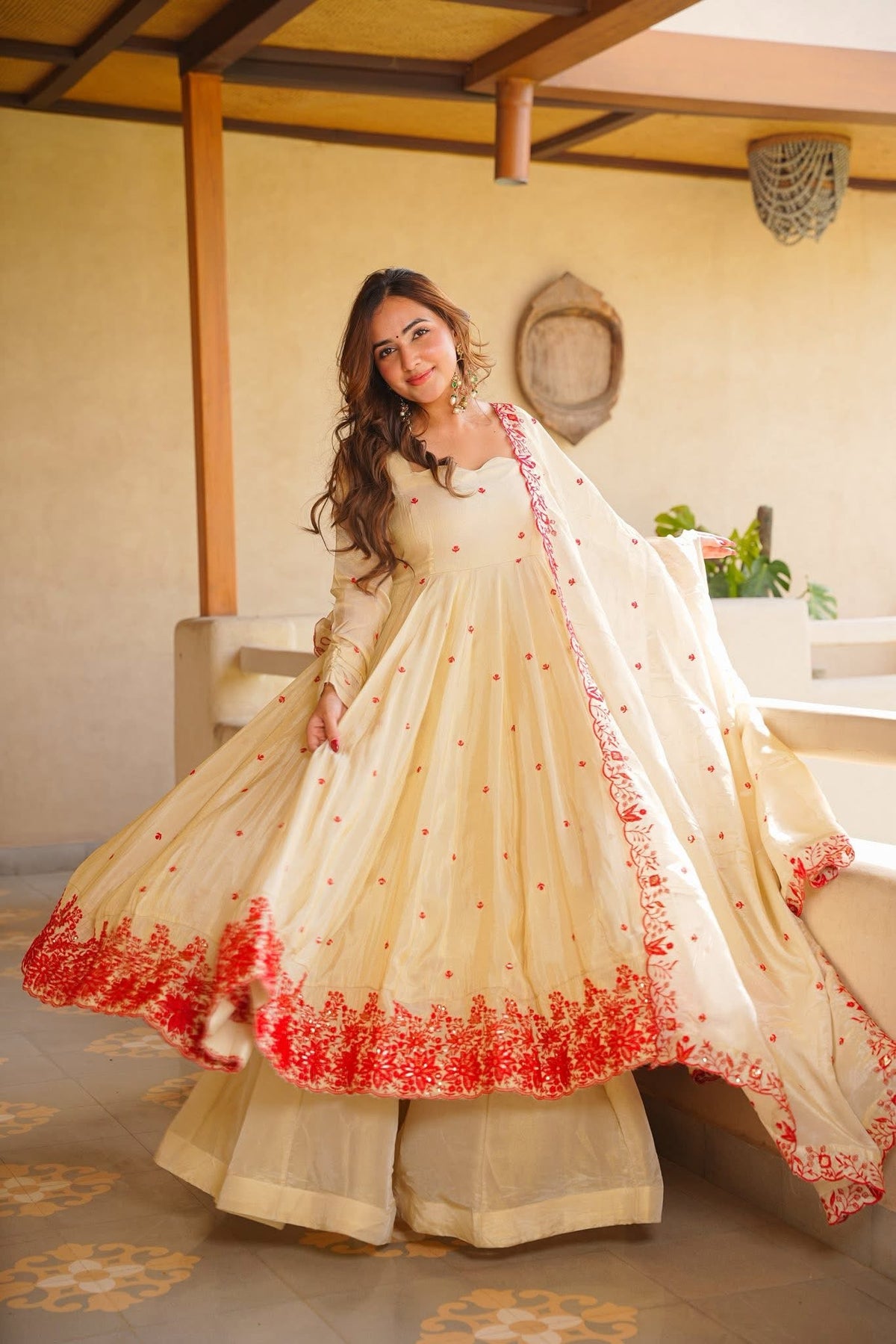 Designer Ivory Heavy Silk Anarkali Sharara Set with Embroidered Dupatta