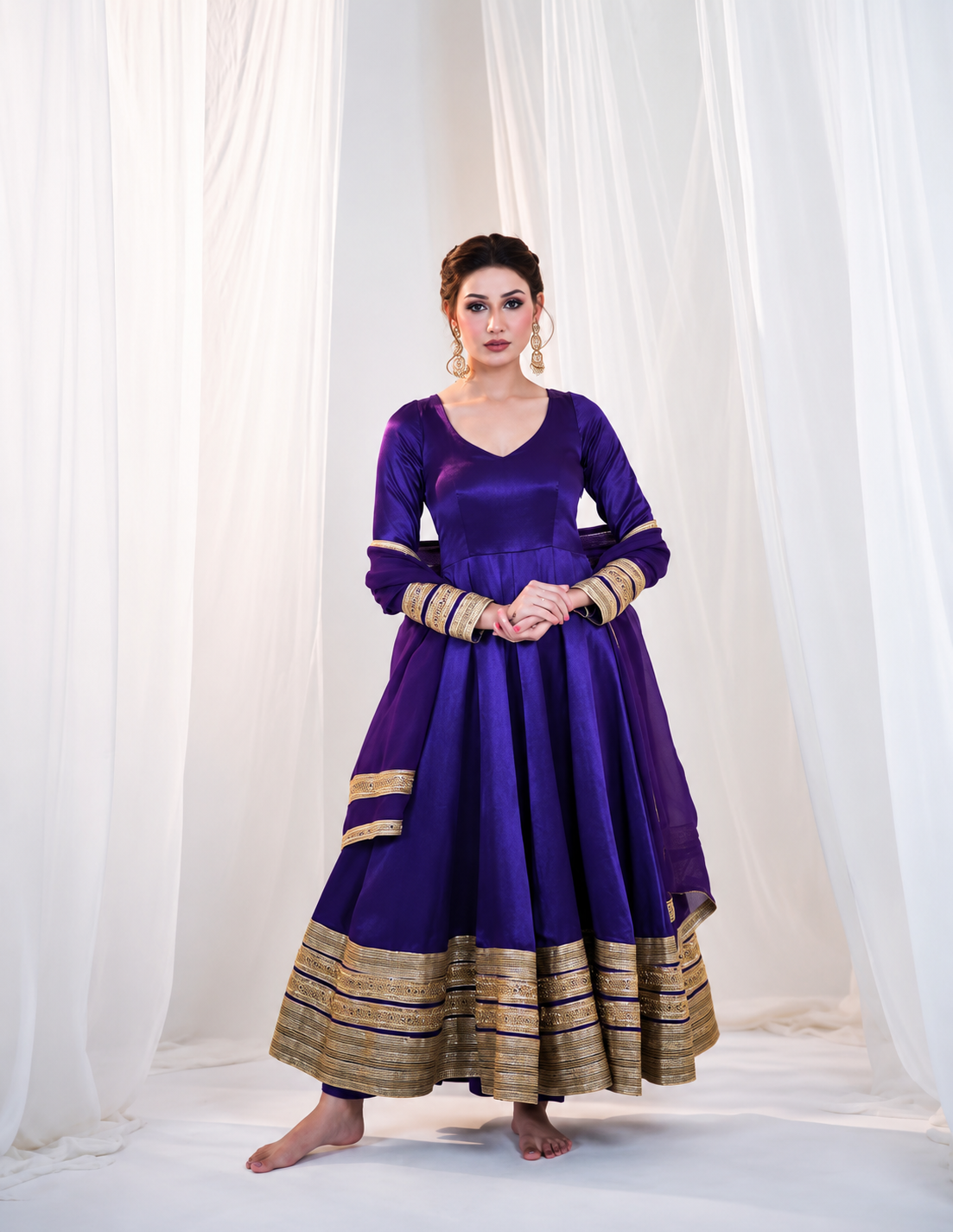 Purple Heavy Silk Embroidered Anarkali Suit Set with Pant & Dupatta for Women