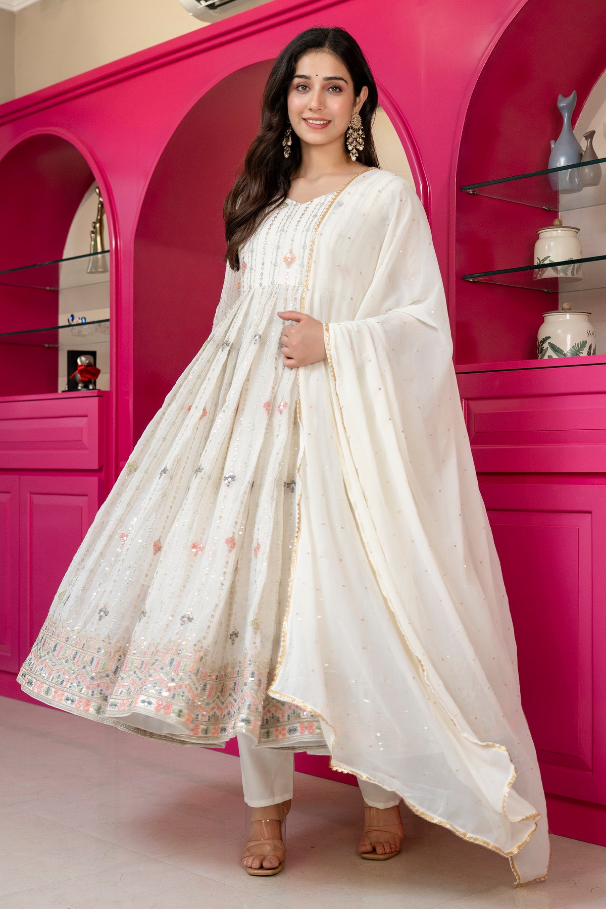 Premium White Embroidered Anarkali Kurta Set with Micro Cotton Pants & Faux Blooming Dupatta