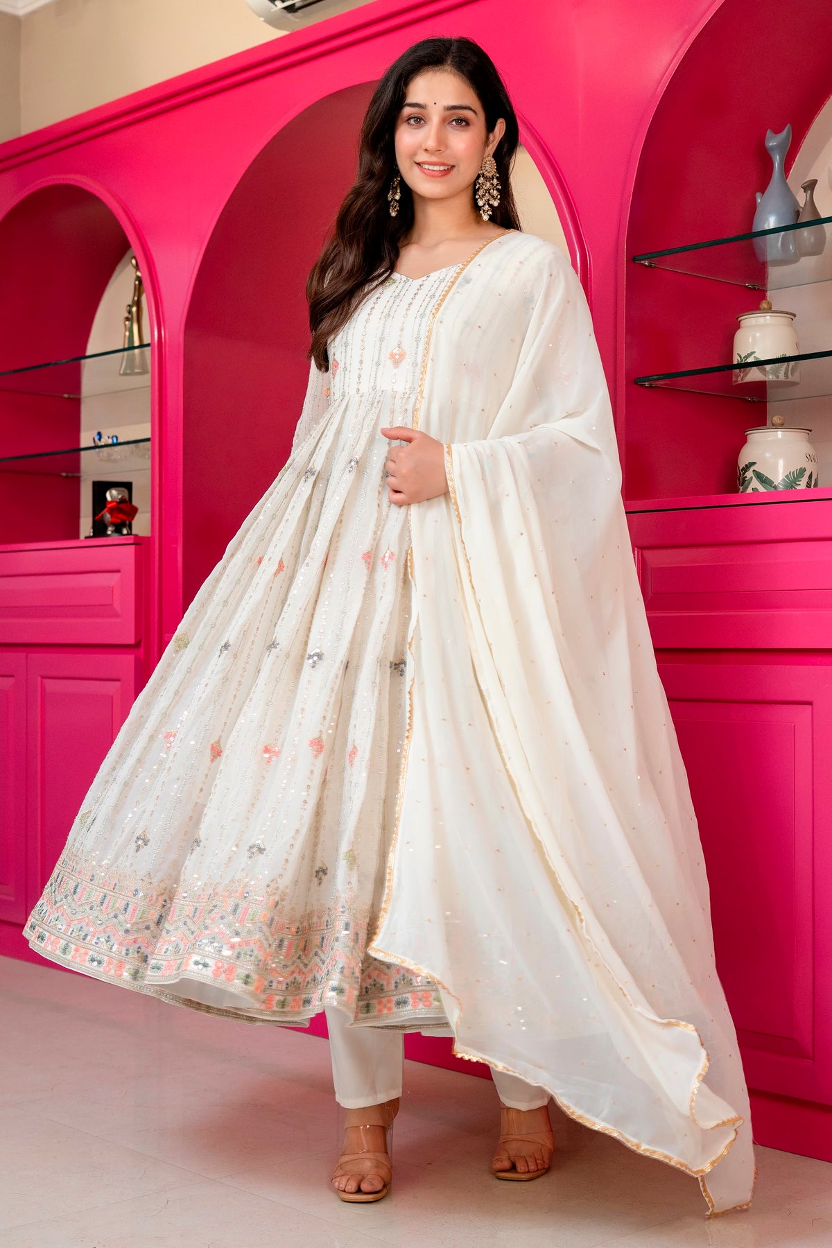 Premium White Embroidered Anarkali Kurta Set with Micro Cotton Pants & Faux Blooming Dupatta