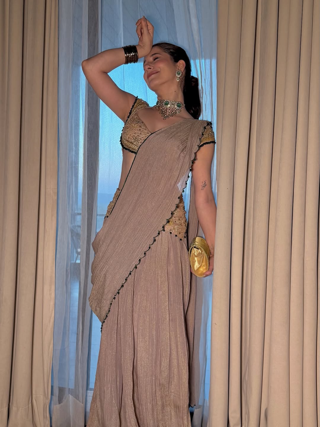 Wedding Special Designer Beige Ready-to-Wear Saree with Real Mirror Work