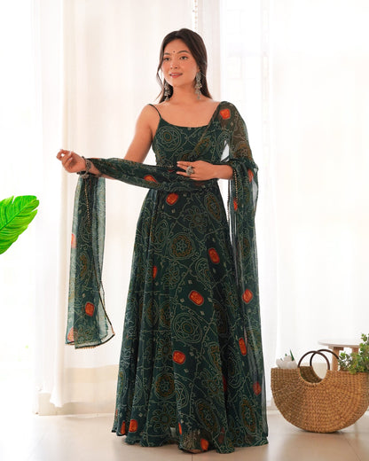 Rani Pink Bandhej Chiffon Anarkali Suit Set with Dupatta | Designer Party Wear Gown Set for Women