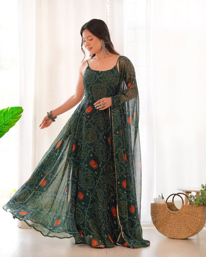 Rani Pink Bandhej Chiffon Anarkali Suit Set with Dupatta | Designer Party Wear Gown Set for Women