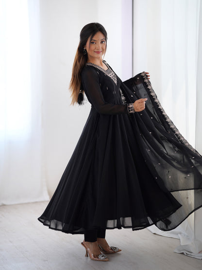 Black Embroidered Georgette Anarkali Set