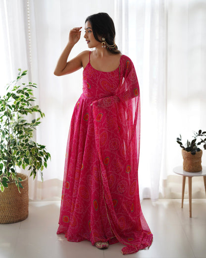 Rani Pink Bandhej Chiffon Anarkali Suit Set with Dupatta | Designer Party Wear Gown Set for Women