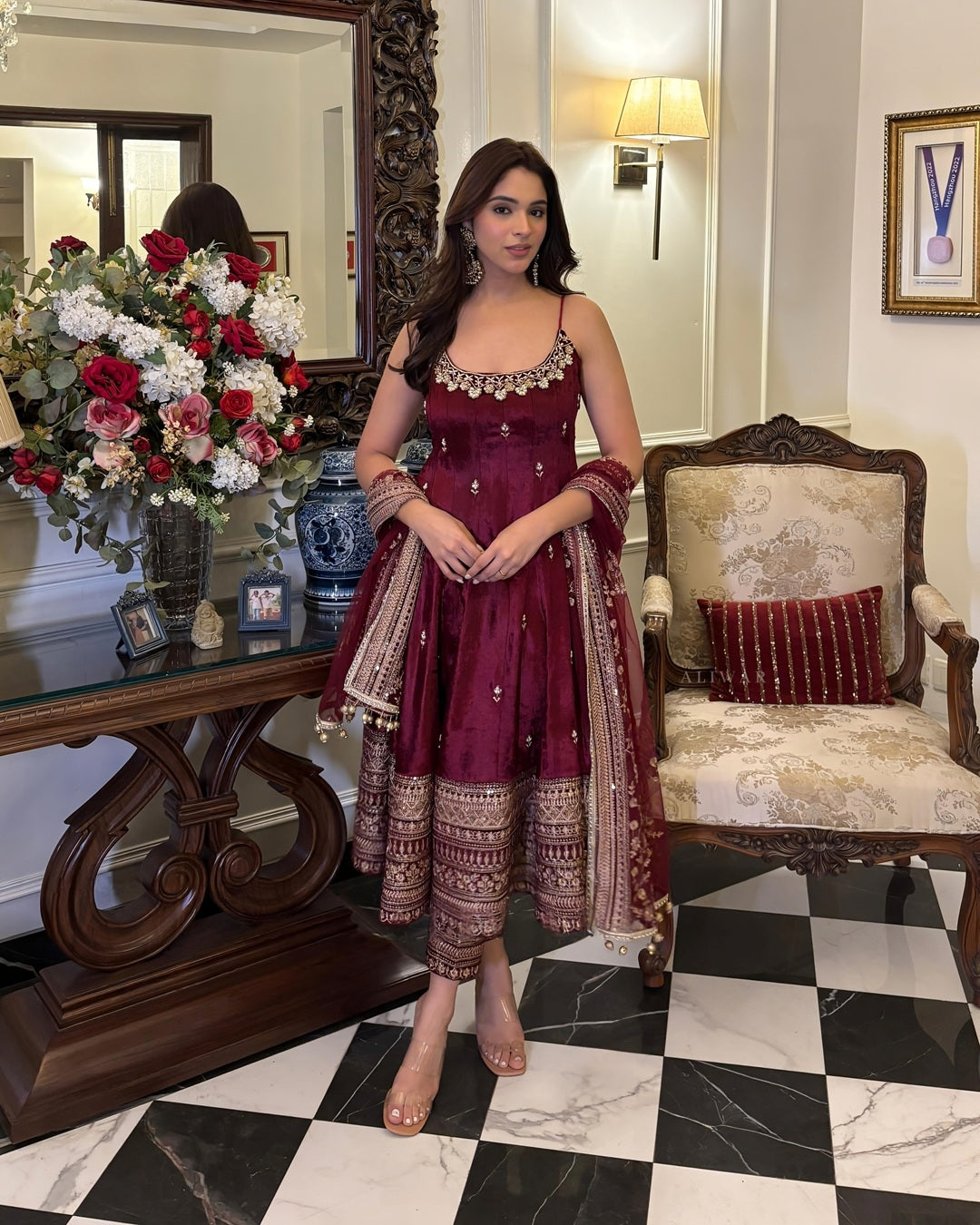Alveera Premium Quality Maroon Anarkali Suit Set with Embroidered Dupatta | Premium Soft Silk Zari & Sequin Work
